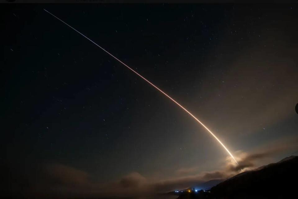 A Falcon 9 rocket heads into orbit early Monday, Oct. 9, 2023, from Vandenberg Space Force Base, carrying 21 Starlink satellites.