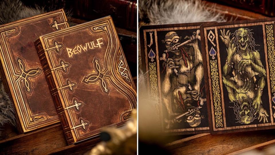 The box for a custom deck of Beowulf playing cards with the Grenndel Joker card and the Grendel's mother Queen card