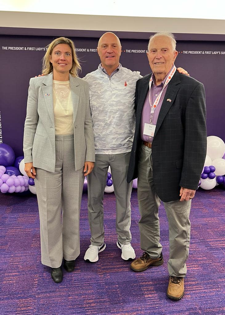 <em>Consul General of France Anne-Laure Desjonquères, Clemson University President James Clements, and retired Captain Joe Jones (twitter.com/ALDesjonqueres)</em>