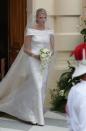 <p>Princess Charlene chose a custom off-the-shoulder duchesse silk gown by Giorgio Armani Privé for her religious ceremony to Prince Albert of Monaco. </p>