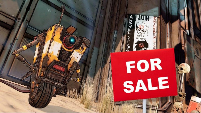 Borderlands 3 character Claptrap poses next to a superimposed red 