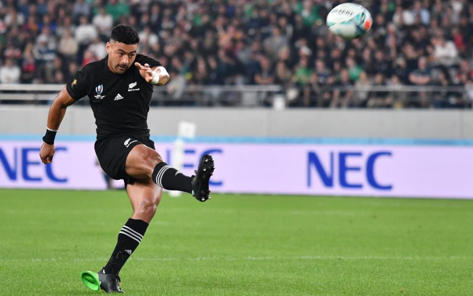 New Zealand's fly-half Richie Mo'unga kicks a conversion during the Japan 2019 Rugby World Cup quarter-final match between New Zealand and Ireland at the Tokyo Stadium in Tokyo on October 19, 2019