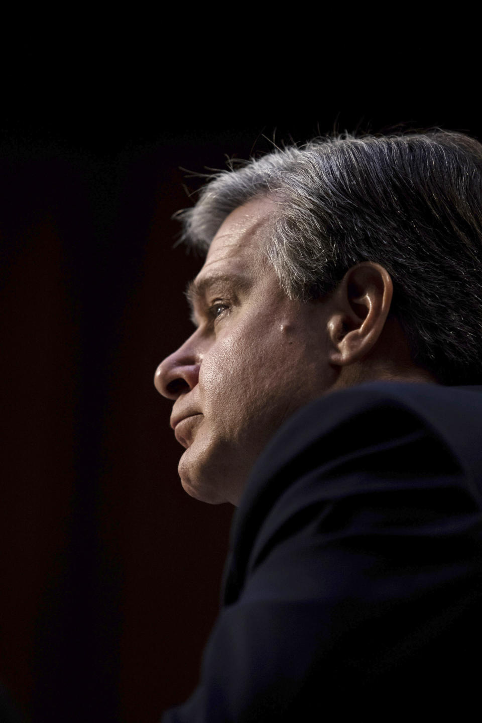 FBI Director Christopher Wray testifies before the Senate Judiciary Committee on Capitol Hill in Washington, Tuesday, March 2, 2021. (Graeme Jennings/Pool via AP)