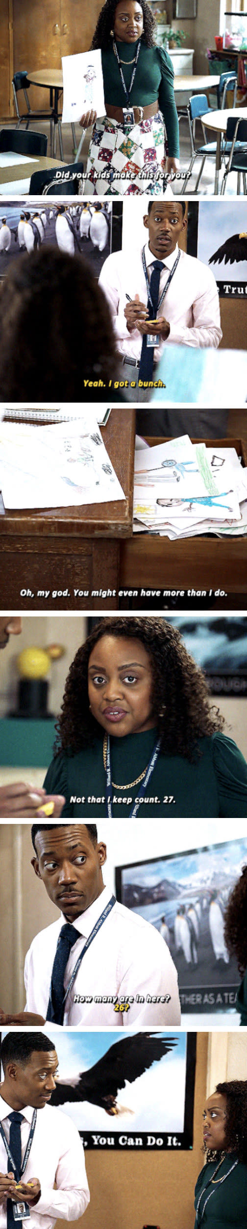 Janine: "Did your kids make this for you?" Gregory: "Yeah, I got a bunch" Janine: "Oh, my god. You might even have more than I do. Not that I keep count. 27. How many are in here?" Gregory: "26?"