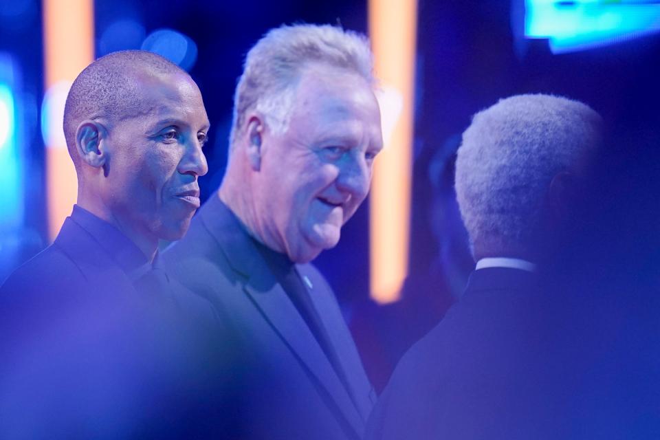 Reggie Miller, Larry Bird and Oscar Robertson speak Sunday, Feb. 18, 2024, ahead of the 73rd NBA All-Star game at Gainbridge Fieldhouse in downtown Indianapolis.