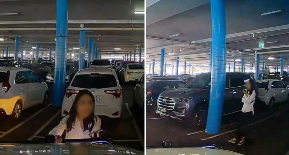 Images of the woman standing in the car park while the other vehicle parks his car in it, forcing her out of the way.