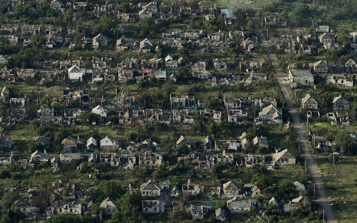 An aerial view of the ruined and uninhabitable city of Chasiv Yar on July 3 after months of Russian bombardment