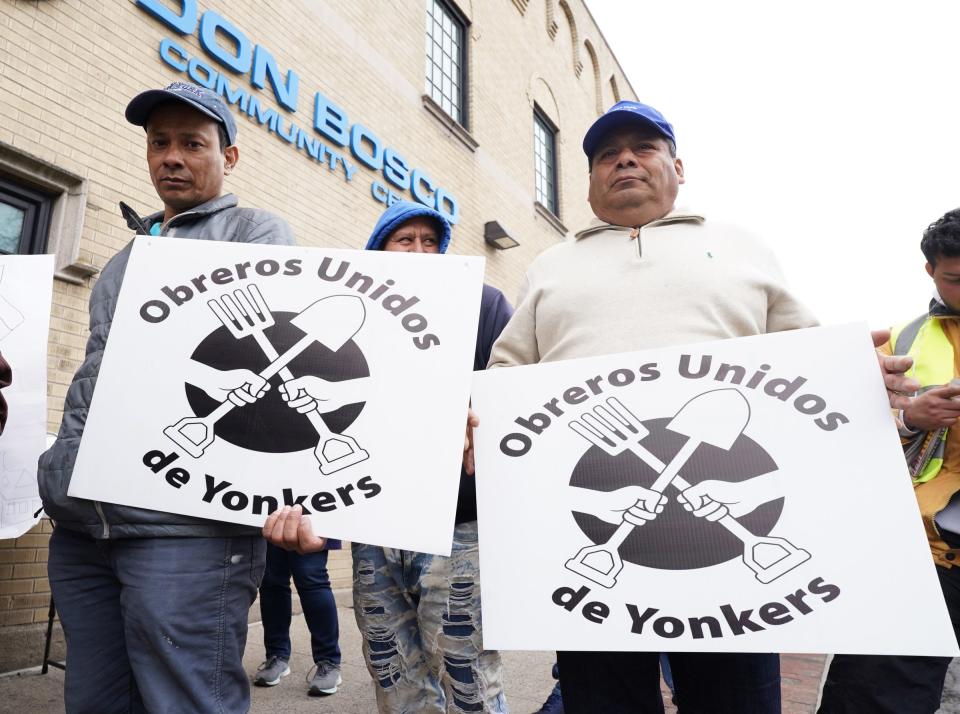 Day laborer Aldofo Rizo, left during a rally for wage theft in Port Chester, on Wednesday, March 22, 2023.