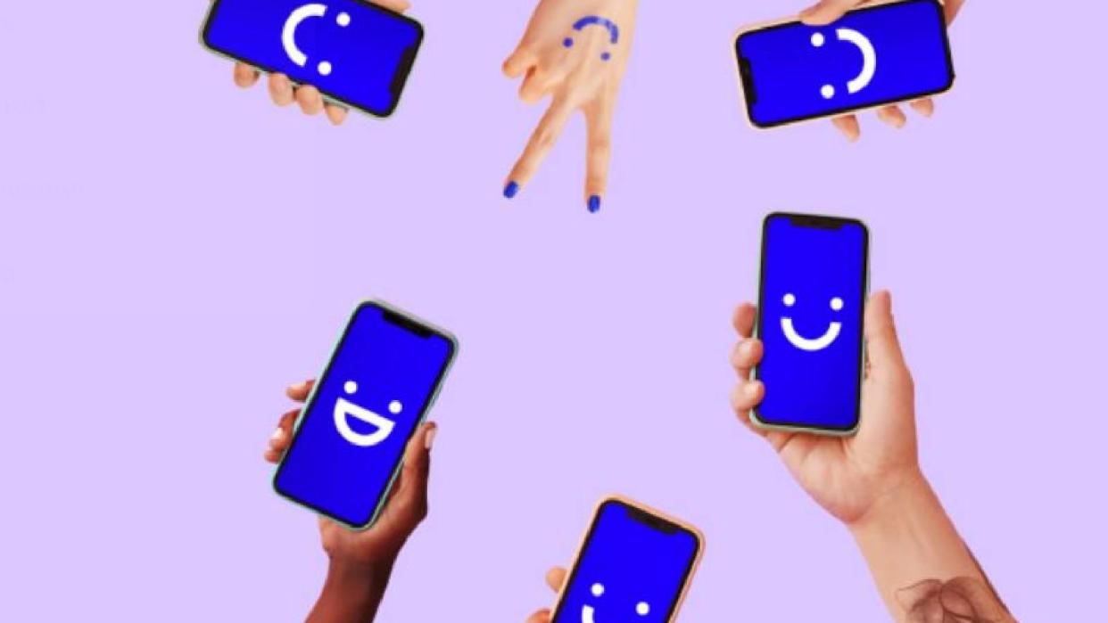  A picture of 5 phones with blue backgrounds and smiley faces on the screen. An image for Visible Party Pay. 