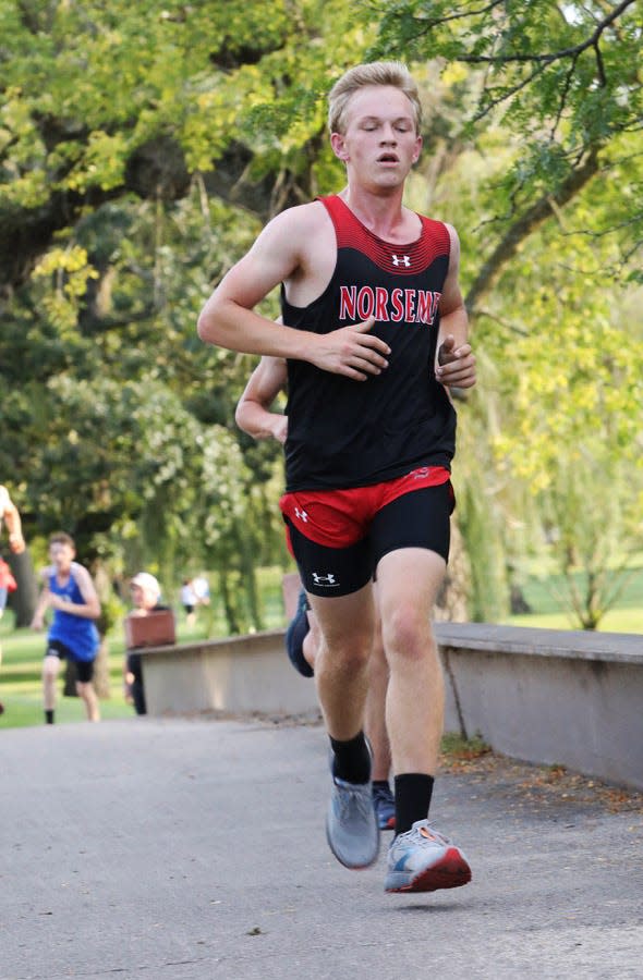 Roland-Story's Lucas Wuebker competes in the varsity boys race at the Norsemen Invitational Sept. 22 in Story City.