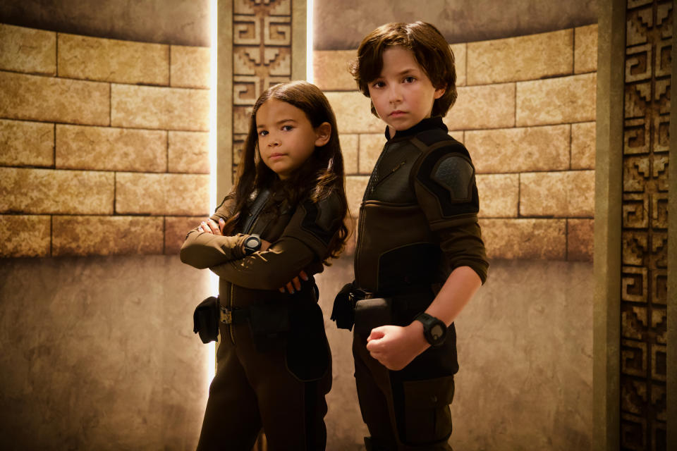(L-R) Everly Carganilla as Patty Torrez and Connor Esterson as Tony Torrez in 'Spy Kids: Armageddon'