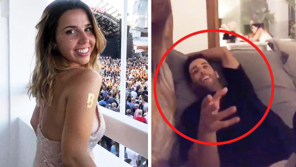 Sarah Ayter (pictured left) smiling at a festival and (pictured right) showing Daniel Ricciardo on Tik Tok.