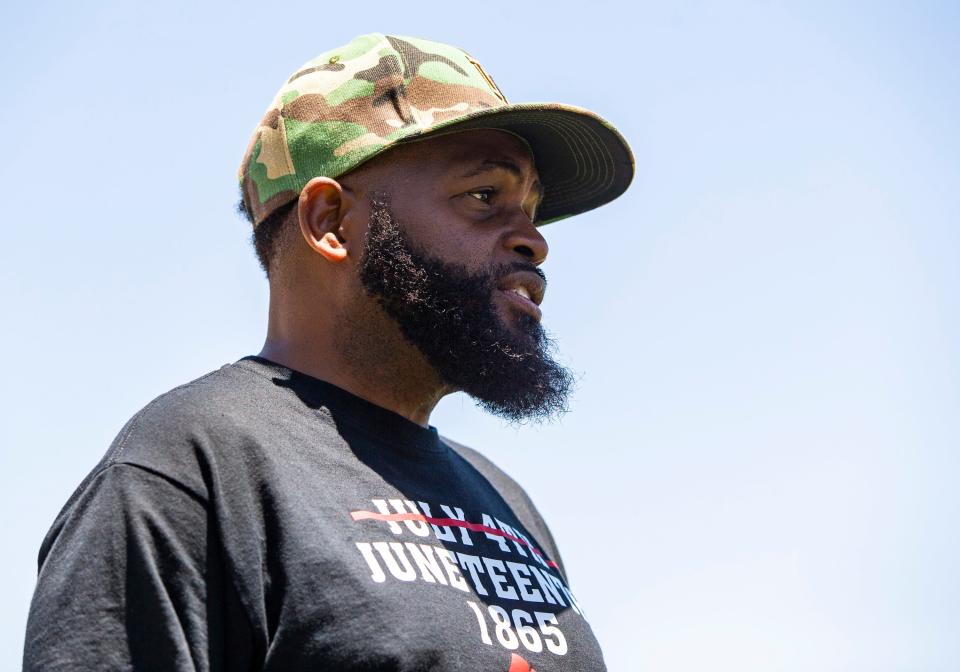 Jarvis Crawford speaks during a Juneteenth celebration at Desert Highland Unity Center in Palm Springs, Calif., Saturday, June 18, 2022.