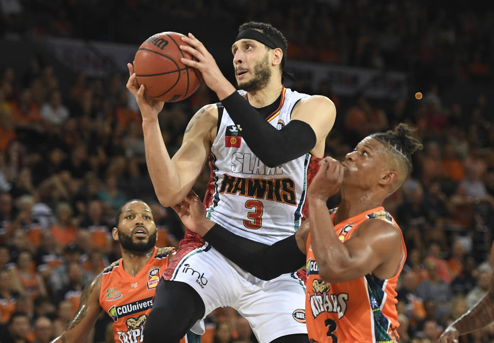 CAIRNS, AUSTRALIA - JANUARY 31: Josh Boone of the Hawks drives to the basket during the round 18 NBL match between the Cairns Taipans and the Illawarra Hawks at the Cairns Convention Centre on January 31, 2020 in Cairns, Australia. 