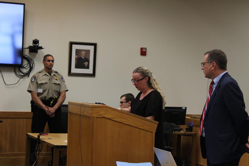 Sarah Jagst reads a statement to the court on Thursday, April 27, 2023.