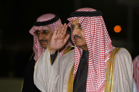 FILE PHOTO: Saudi Prince Ahmed bin Abdul-Aziz (R), brother of Saudi King Abdullah, and Saudi Prince Mohammed bin Nayef are greeted upon their arrival at the graduation ceremony of police cadets at the Public Security Training City in Riyadh, February 28, 2012. REUTERS/Fahad Shadeed/File Photo