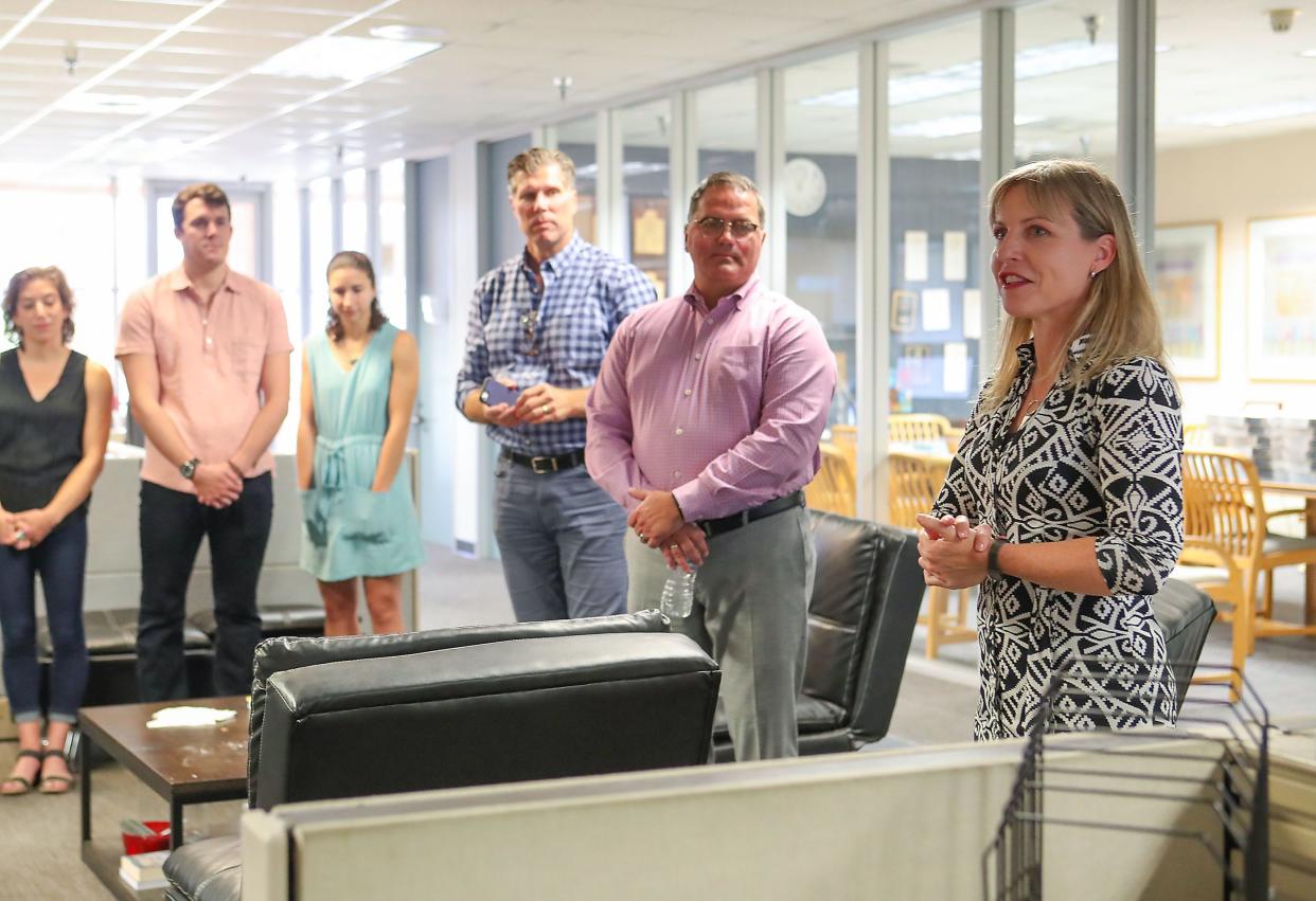 Julie Makinen, right, is introduced as The Desert Sun's new executive editor, September 7, 2018.