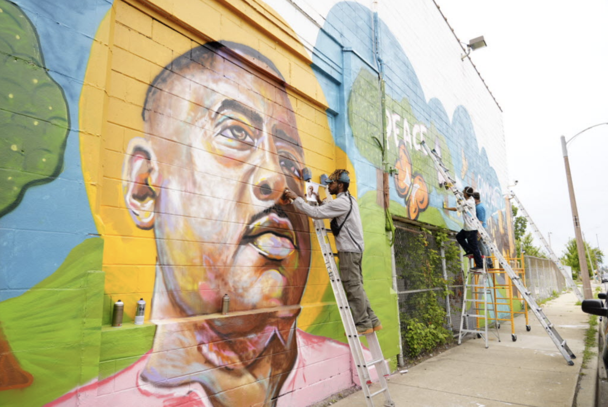 Artists collaborate with the TRUE Skool organization to paint a mural along North Avenue in Milwaukee inspired by the Emmy-nominated documentary "When Claude Got Shot."