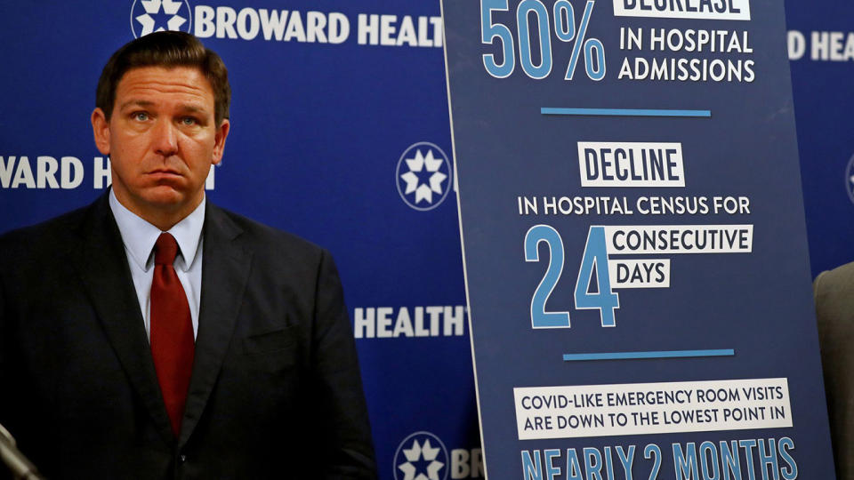 Gov. Ron DeSantis listens to speakers talking about monoclonal antibody treatments for COVID-19 on Thursday, Sept. 16, 2021, at a news conference at Broward Health Medical Center in Fort Lauderdale. (Susan Stocker/Sun Sentinel/Tribune News Service via Getty Images/Tribune News Service via Getty Images)