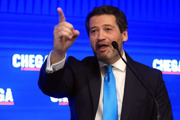 Chega leader Andre Ventura addresses supporters at Marriot Hotel, where the party holds the election night event, in Lisbon on March 10, 2024.