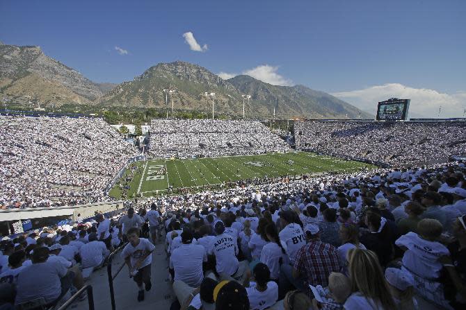 LaVell Edwards Stadium is viewed in the second half during an NCAA college football game between BYU and Virginia, Saturday, Sept. 20, 2014, in Provo, Utah. (AP Photo/Rick Bowmer)