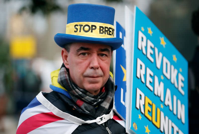 Westminster protester and anti Brexit activist Steve Bray is seen during a Reuters interview near the Parliament Buildings in Westminster, London