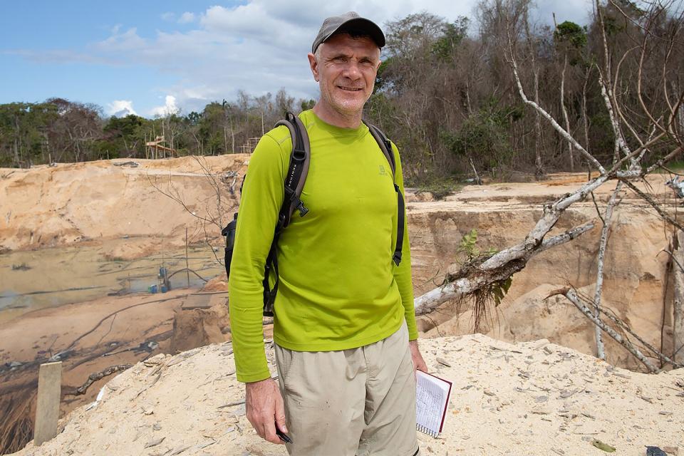 Veteran foreign correspondent Dom Phillips visits in a mine in Roraima State, Brazil, on November 14, 2019. - Phillips went missing while researching a book in the Brazilian Amazon's Javari Valley with respected indigenous expert Bruno Pereira. Pereira, an expert at Brazil's indigenous affairs agency, FUNAI, with deep knowledge of the region, has regularly received threats from loggers and miners trying to invade isolated indigenous groups' land. (Photo by Joao LAET / AFP) (Photo by JOAO LAET/AFP via Getty Images)