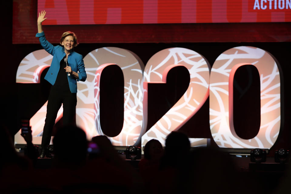 Democratic presidential candidate Sen. Elizabeth Warren, D-Mass., speaks at a "Care In Action" campaign rally, Tuesday, Feb. 18, 2020, in Las Vegas. (AP Photo/Matt York)