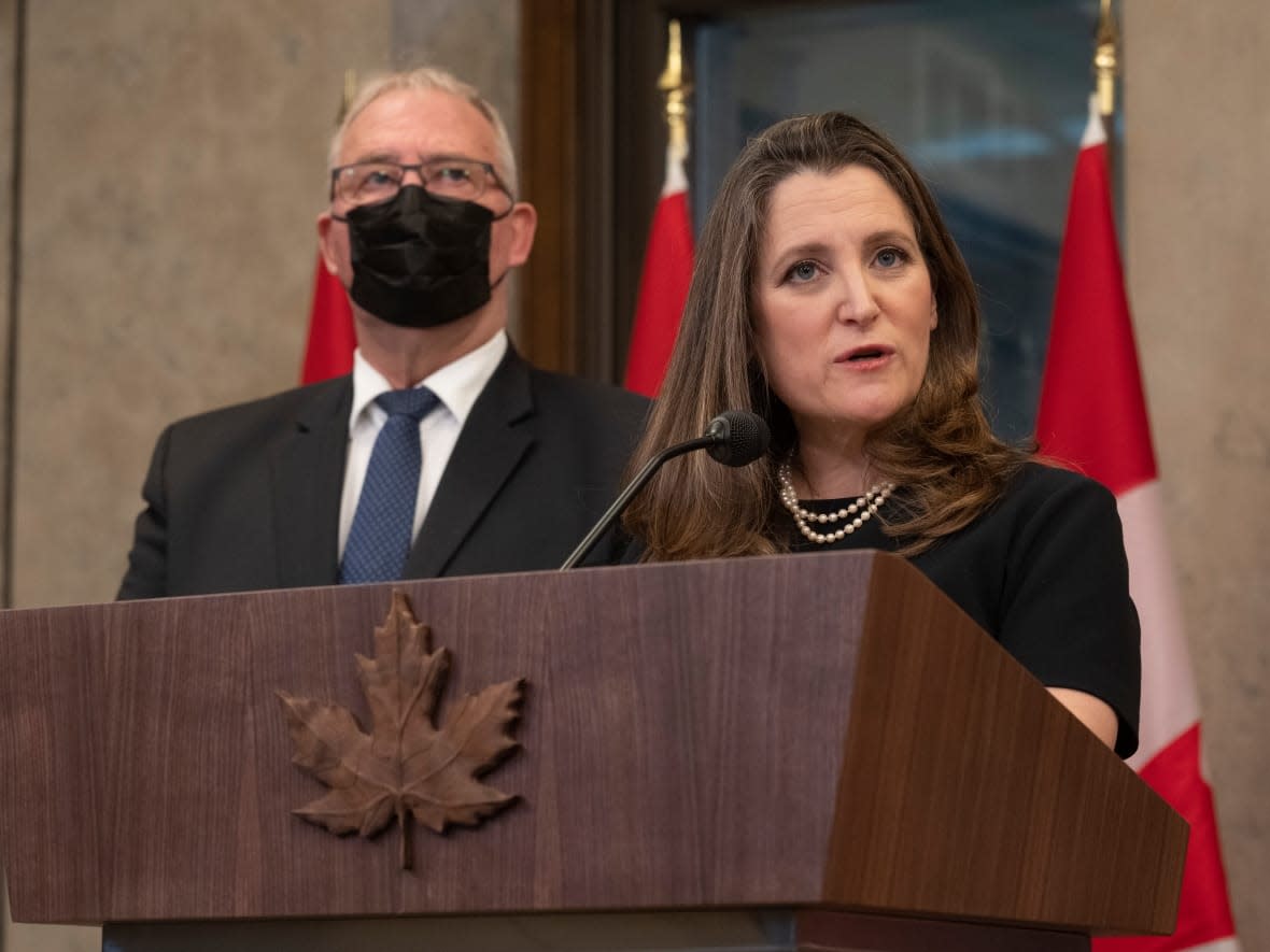 Deputy Prime Minister and Finance Minister Chrystia Freeland speaks about the implementation of the Emergencies Act on Thursday, Feb. 17, 2022 in Ottawa. (Adrian Wyld/Canadian Press - image credit)