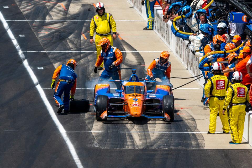 Chip Ganassi Racing driver Scott Dixon (9) leaves his pit box, and is assessed a speeding penalty on this pit stop during the 106th running of the Indianapolis 500, Sunday, May 29, 2022, at The Indianapolis Motor Speedway.