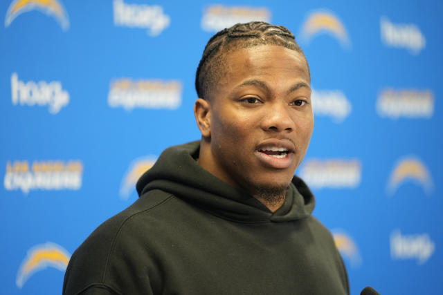 Washington State linebacker Daiyan Henley, selected in the third round of the NFL draft by the Los Angeles Chargers, speaks during an NFL football news conference at Hoag Performance Center in Costa Mesa, Calif., Saturday, April 29, 2023. (AP Photo/Damian Dovarganes)
