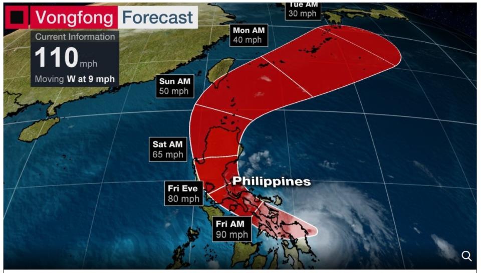 <p>中央氣象局表示，中颱黃蜂今明兩日即碰觸菲律賓陸地，結構將被明顯破壞，預計週六最接近台灣，外圍環流將為中南部帶來雨勢。｜Tropical Storm Vongfong, which formed Tuesday, could be at its closest to Taiwan over the coming weekend, according to the Central Weather Bureau (CWB).（Courtesy of the Weather Channel)</p>
