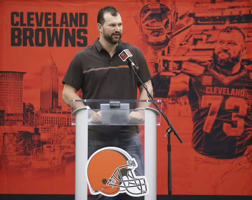 Cleveland Browns’ offensive lineman Joe Thomas speaks while bidding farewell to the owners, coaches, staff and fans during a news conference, Monday, March 19, 2018, at the Browns’ headquarters in Berea, Ohio. (John Kuntz/The Plain Dealer via AP)