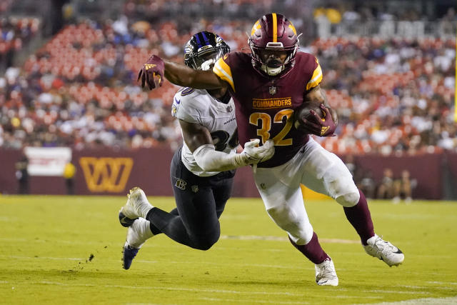 Baltimore Ravens wide receiver Shemar Bridges (85) runs during an NFL  preseason football game against the Washington Commanders, Monday, August  21, 2023 in Landover. (AP Photo/Daniel Kucin Jr Stock Photo - Alamy