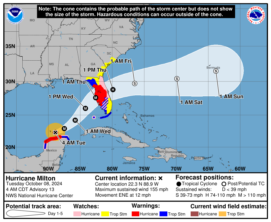 New NHC cone for Hurricane Milton 5 a.m. Oct. 8, 2024.