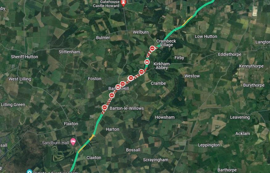 York Press: A map showing the part of the A64 closed by the incident. Picture: Google maps
