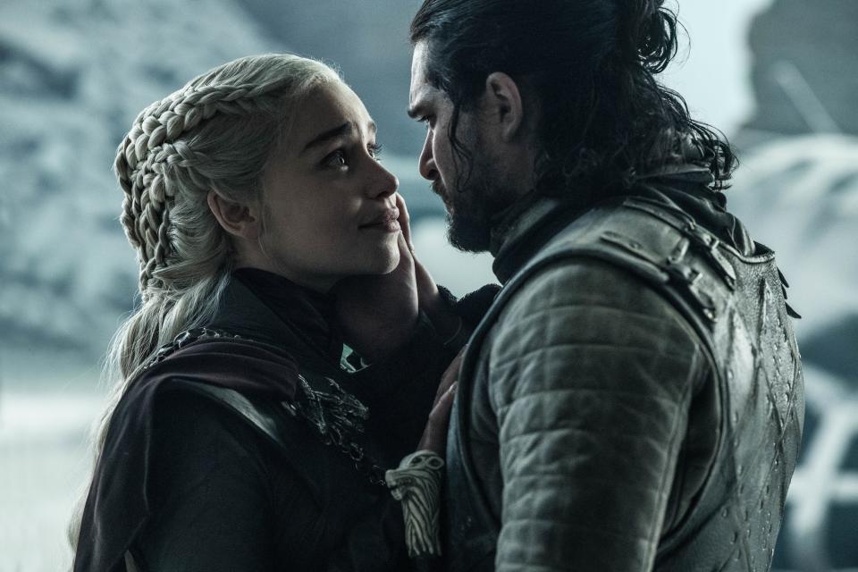 Danerys Targaryen (Emilia Clarke), left, and Jon Snow (Kit Harington) have their final embrace.