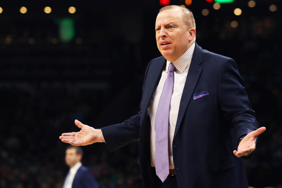 Tom Thibodeau is the Knicks' top candidate for their vacant head coaching job, whether he wants to be or not. (Photo by Maddie Meyer/Getty Images)