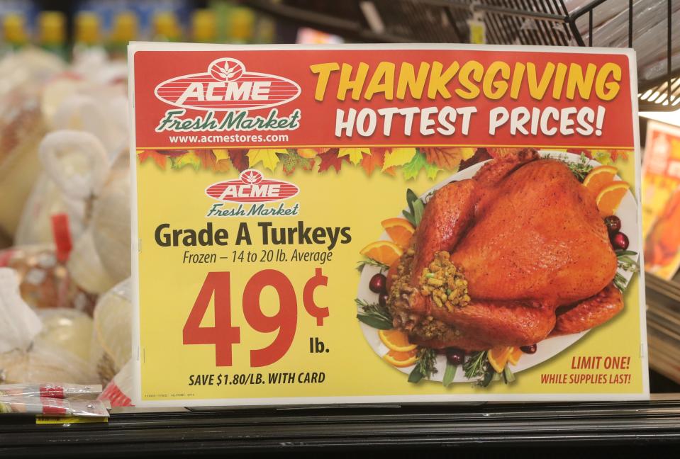 A sign at the Acme Fresh Market meat counter in Fairlawn advertises turkeys for 49 cents a pound Monday.