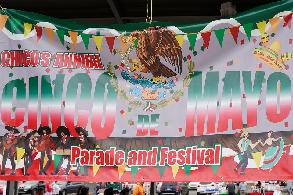 The banner for the Chico's Annual Cinco de Mayo Parade and Festival is pictured Saturday, May 6, 2023, at the Adrian Farmers Market Pavilion.