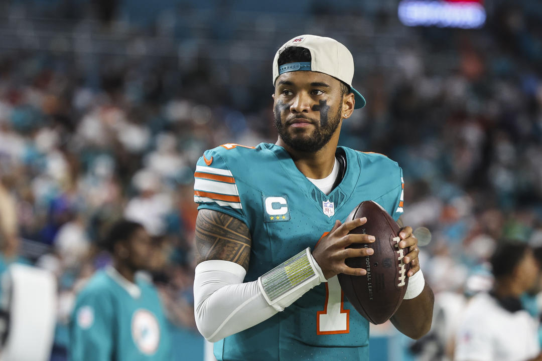 MIAMI GARDENS, FL - SEPTEMBER 12: Tua Tagovailoa #1 of the Miami Dolphins warms up prior to an NFL football game against the Buffalo Bills at Hard Rock Stadium on September 12, 2024 in Miami Gardens, FL. (Photo by Perry Knotts/Getty Images)