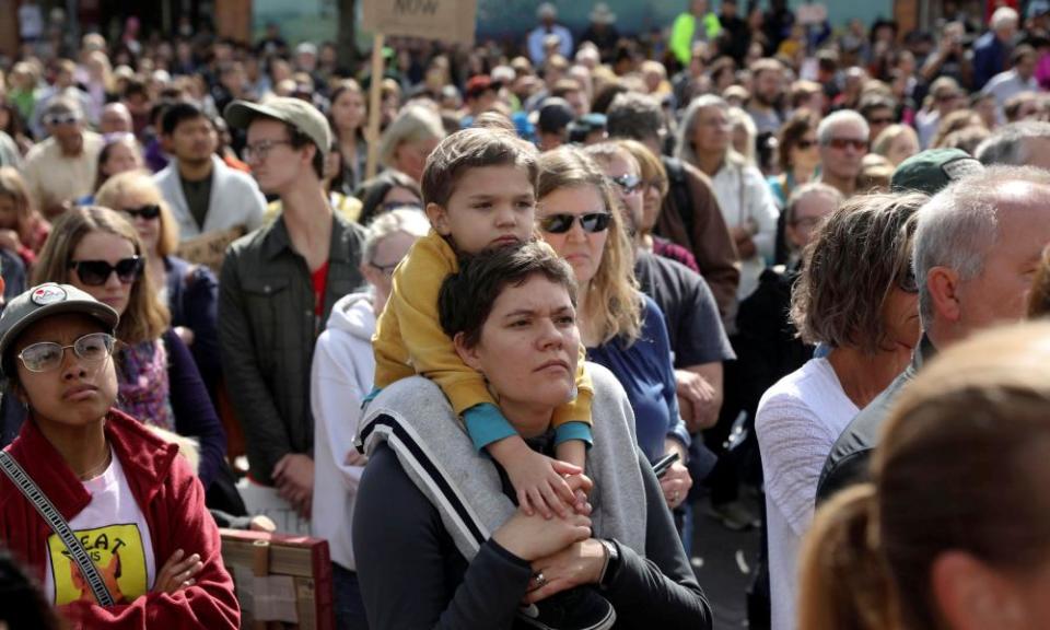 Attendees participate in a climate strike rally with climate change environmental teen activist Greta Thunberg, in Iowa City, Iowa.