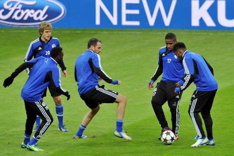 Schalke train in Istanbul on February 19, 2013, on the eve of the UEFA Champions League clash with Galatasaray. Schalke are unbeaten in Europe this season and have been boosted by the return of Dutch striker Klaas-Jan Huntelaar, who is fit again after suffering an eye injury