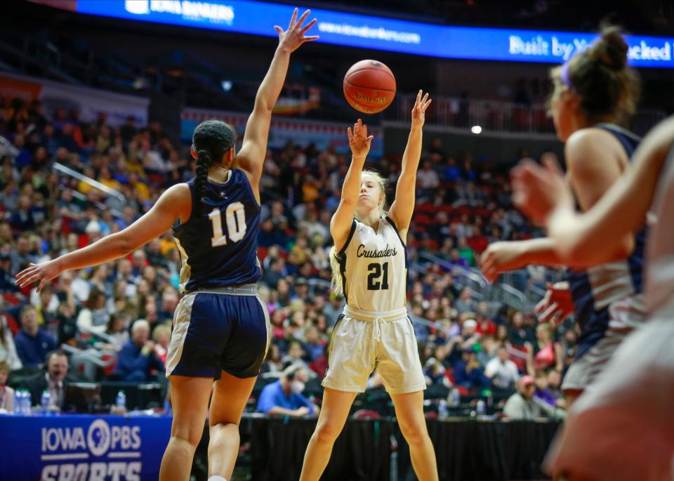Bishop Heelan's Joslyn Verzal fires a 3-pointer against Cedar Rapids Xavier during the Class 4A girls state basketball championship game at Wells Fargo Arena in Des Moines on Saturday, March 5, 2022. Verzal only averaged 1.5 points entering the game, but scored 8 in a losing effort as the Crusaders fell to the Saints, 54-40.