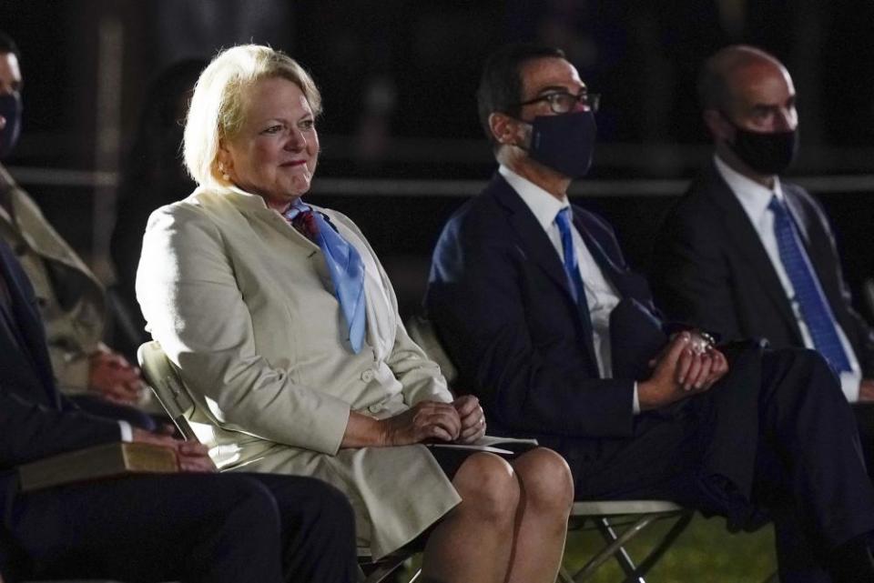 Virginia ‘Ginni’ Thomas, wife of Supreme Court Justice Clarence Thomas, watches Amy Coney Barrett take the constitutional oath in the White House, on 26 October 2020.