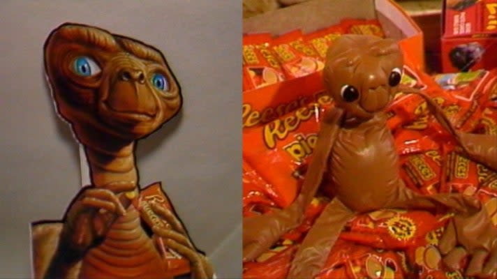 Left: movie theater standee featuring E.T. holding a Reese's Pieces bag. Right: an E.T. doll surrounded by Reese's Pieces bags.