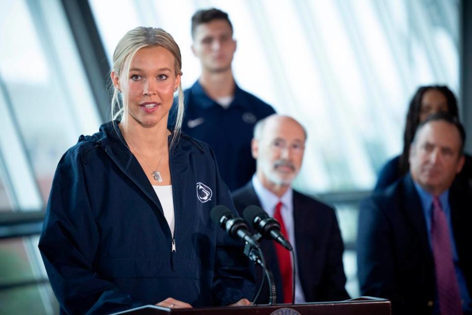 Lady Lions player Anna Camden speaks during a press conference with Gov. Tom Wolf, university leadership and lawmakers on Monday, July 12, 2021, at Beaver Stadium to celebrate the passing of Act 26 of 2021 allowing Pennsylvania collegiate athletes to profit from their name, image, and likeness (NIL).