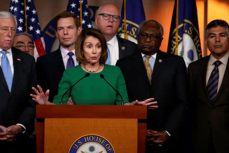 U.S. House Minority Leader Nancy Pelosi (D-CA) (C) holds a news conference with Democratic leaders on the Republicans' attempt to repeal the Obamacare health care legislation at the U.S. Capitol in Washington, U.S., March 24, 2017. REUTERS/Jonathan Ernst