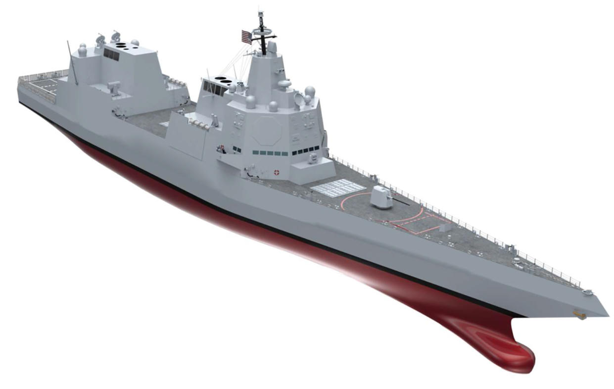 This computer rendering provided by the U.S. Navy, shows a draft concept design of a new destroyer that will be built by Bath Iron Works in Bath, Maine. The Navy's latest destroyer will feature lasers that can shoot down missiles and attack enemies with hypersonic missiles topping 3,800 mph. (U.S. Navy via AP)