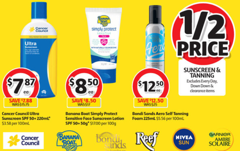 Suncreen and tanning products on sale for half-price at Coles.